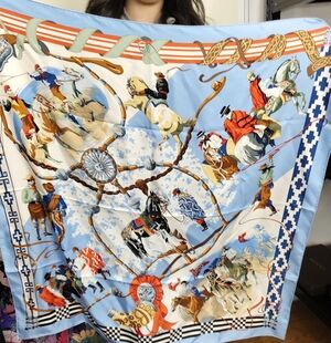 Hermes Equestrian Print Silk Scarf in Sky Blue and Cream